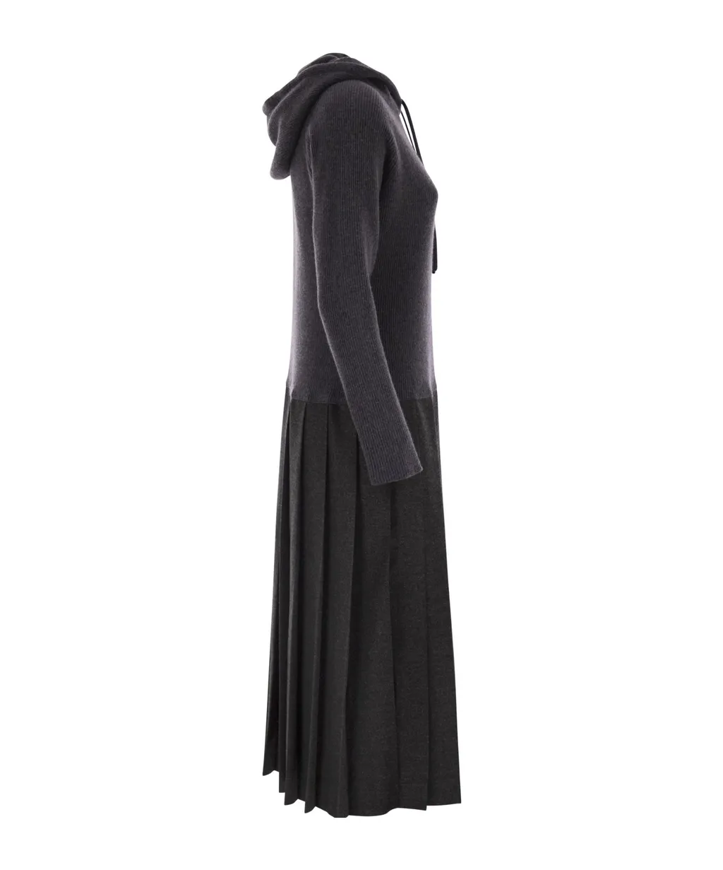 Hooded Ribbed Pleated Dress