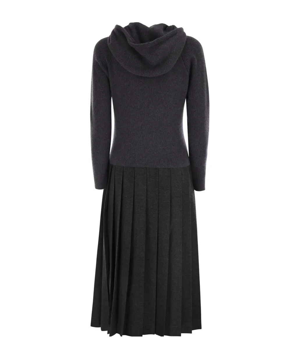 Hooded Ribbed Pleated Dress