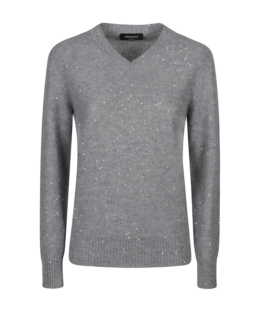 Sequin-Embellished V-Neck Jumper