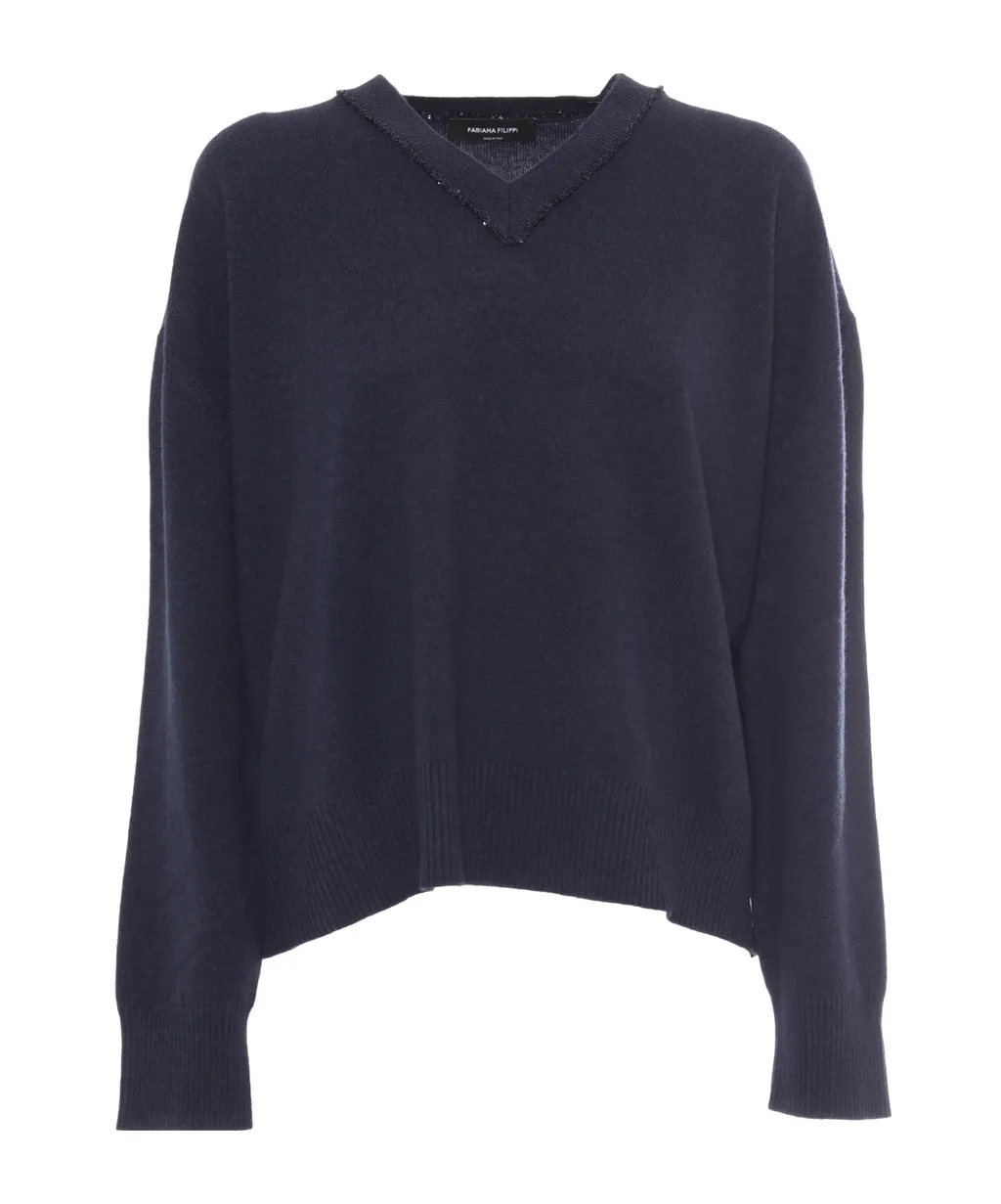 Sequin-Embellished V-Neck Knitted Jumper