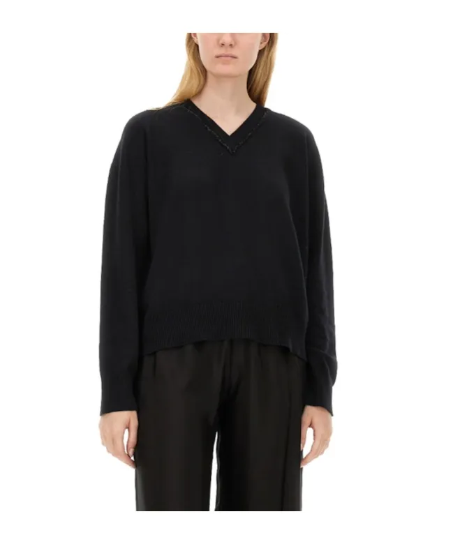 Sequin-Embellished V-Neck Knitted Jumper