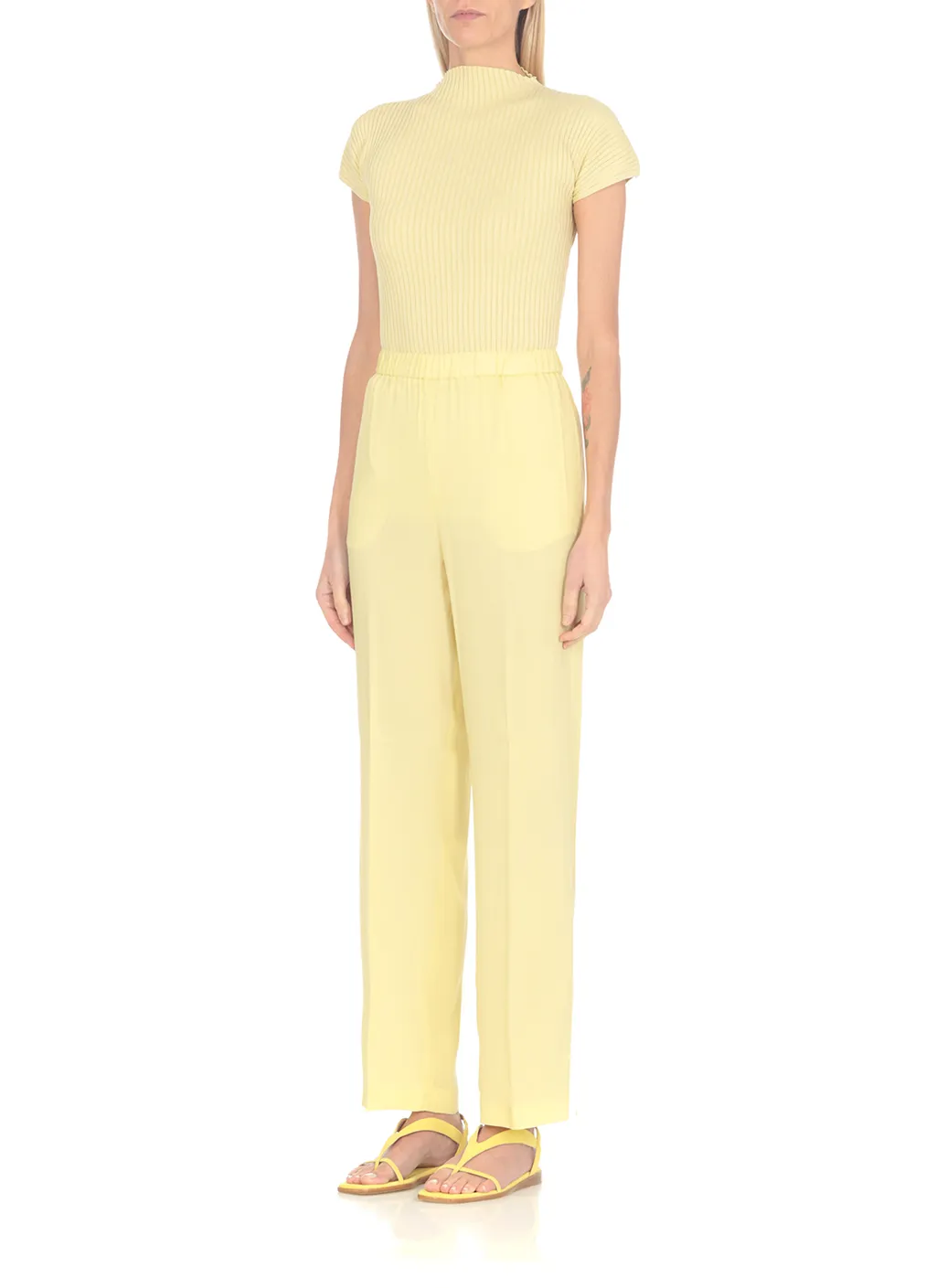 Elasticated Waistband Straight Crepe Trousers