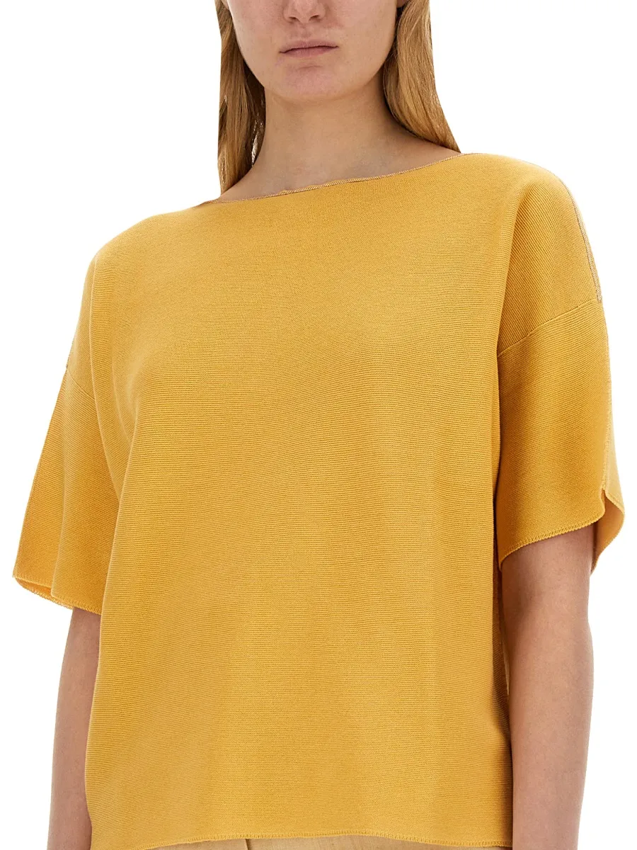 Beaded-Trim Wide-Neck Knitted Blouse