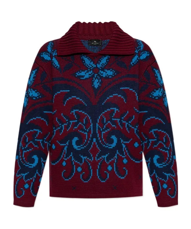 Pattern Intarsia-Knit Collar Jumper