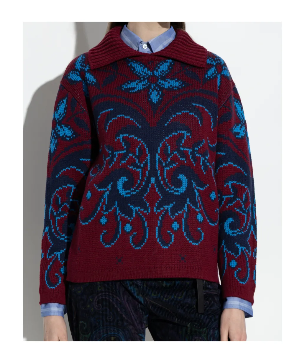 Pattern Intarsia-Knit Collar Jumper
