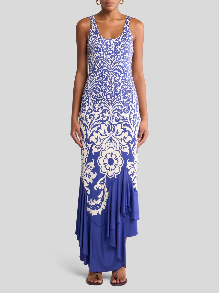 Flounce Printed Long Jersey Dress