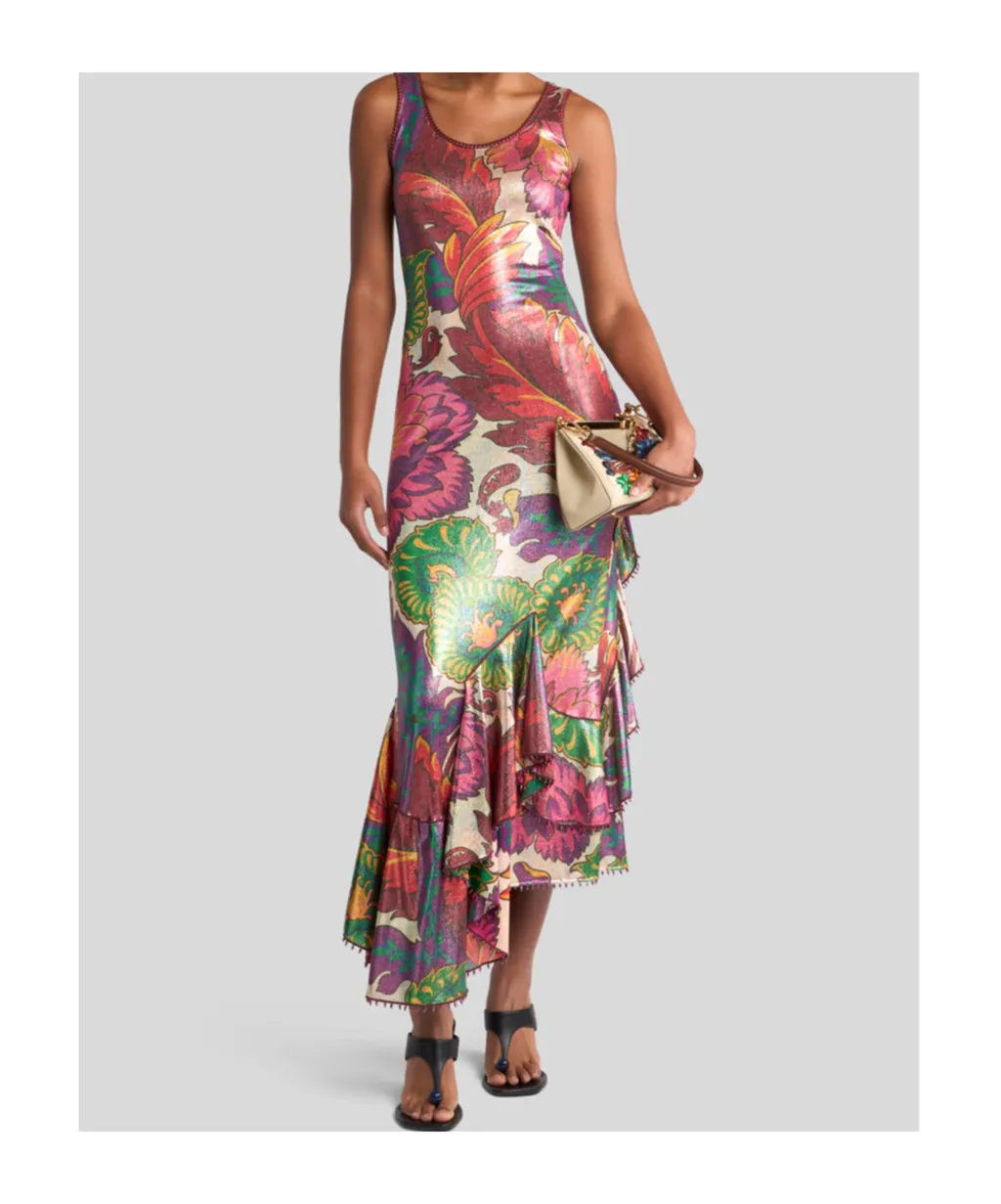 Maxi Floral Printed Laminated Jersey Dress