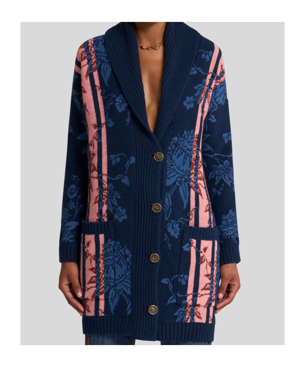 Floral Jacquard V-Neck Maxi Cardigan