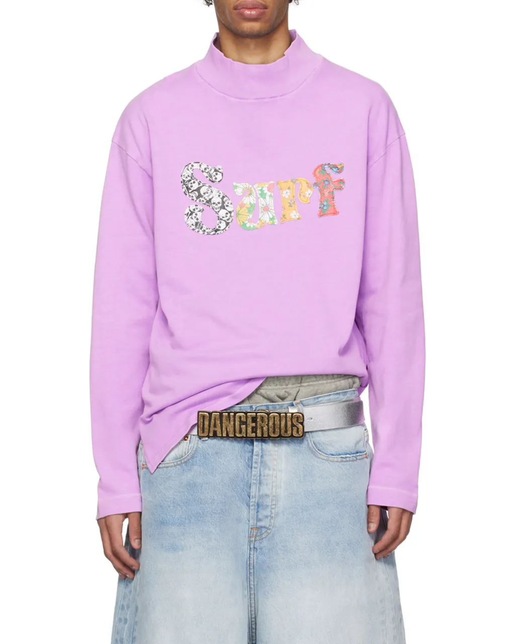 Motif Embroidered Mock Neck T-Shirt