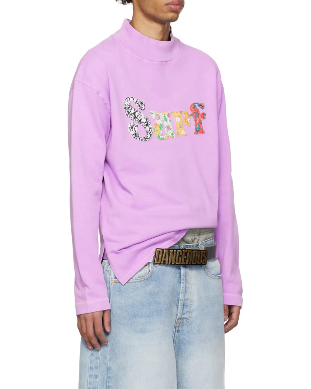 Motif Embroidered Mock Neck T-Shirt