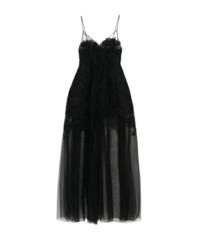 Floral-Lace Tulle Maxi Dress