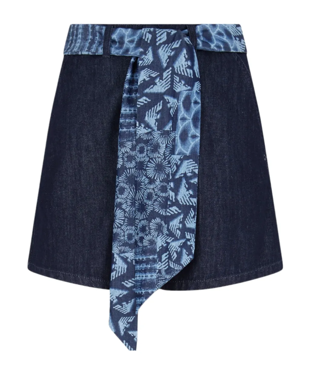 Printed-Tie Denim Shorts