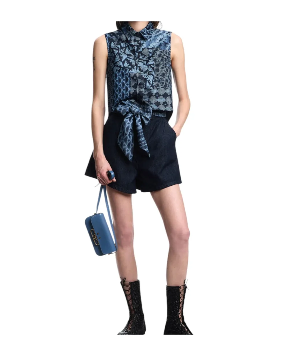 Printed-Tie Denim Shorts
