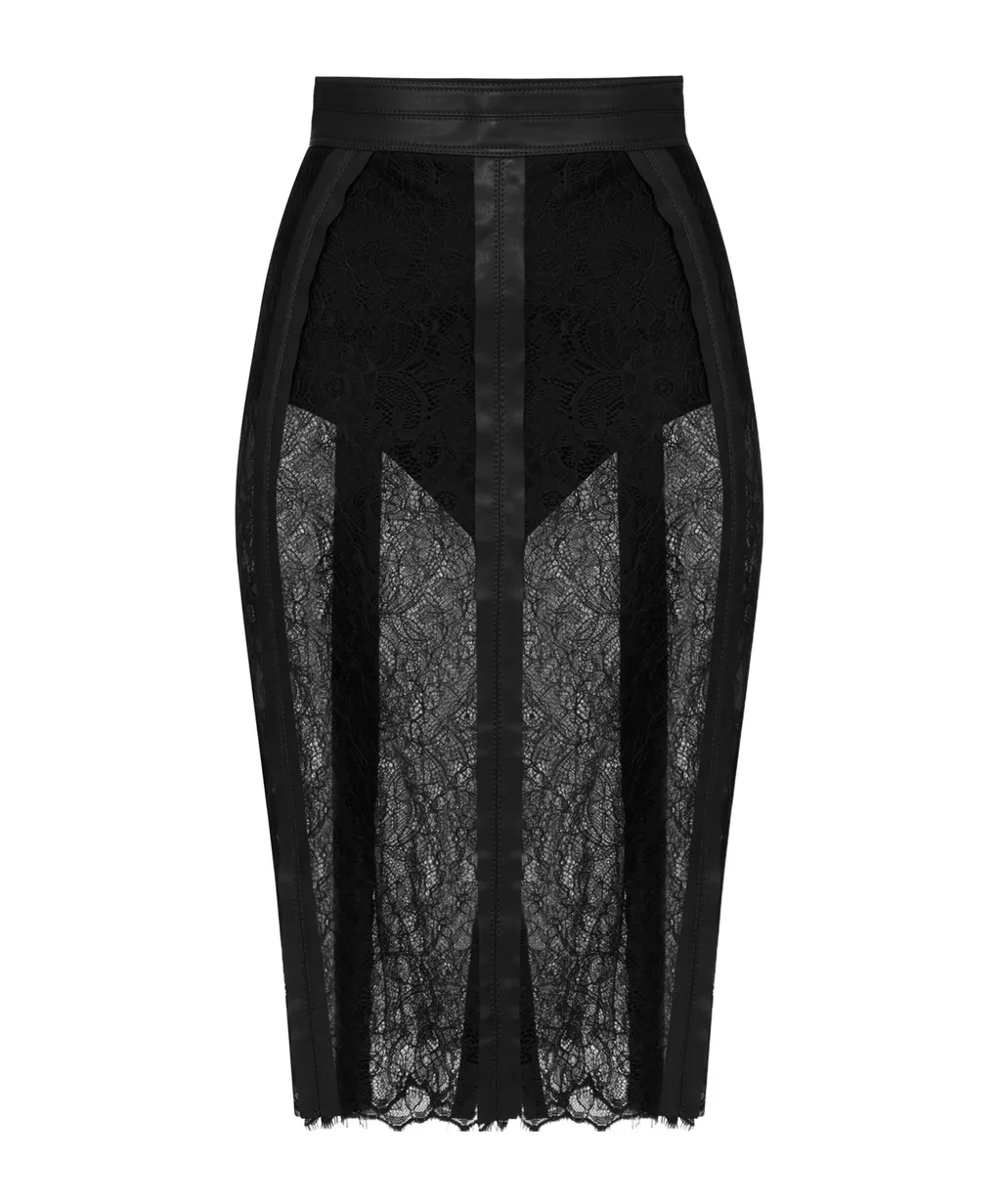 Lace Midi Skirt With Leather Trim