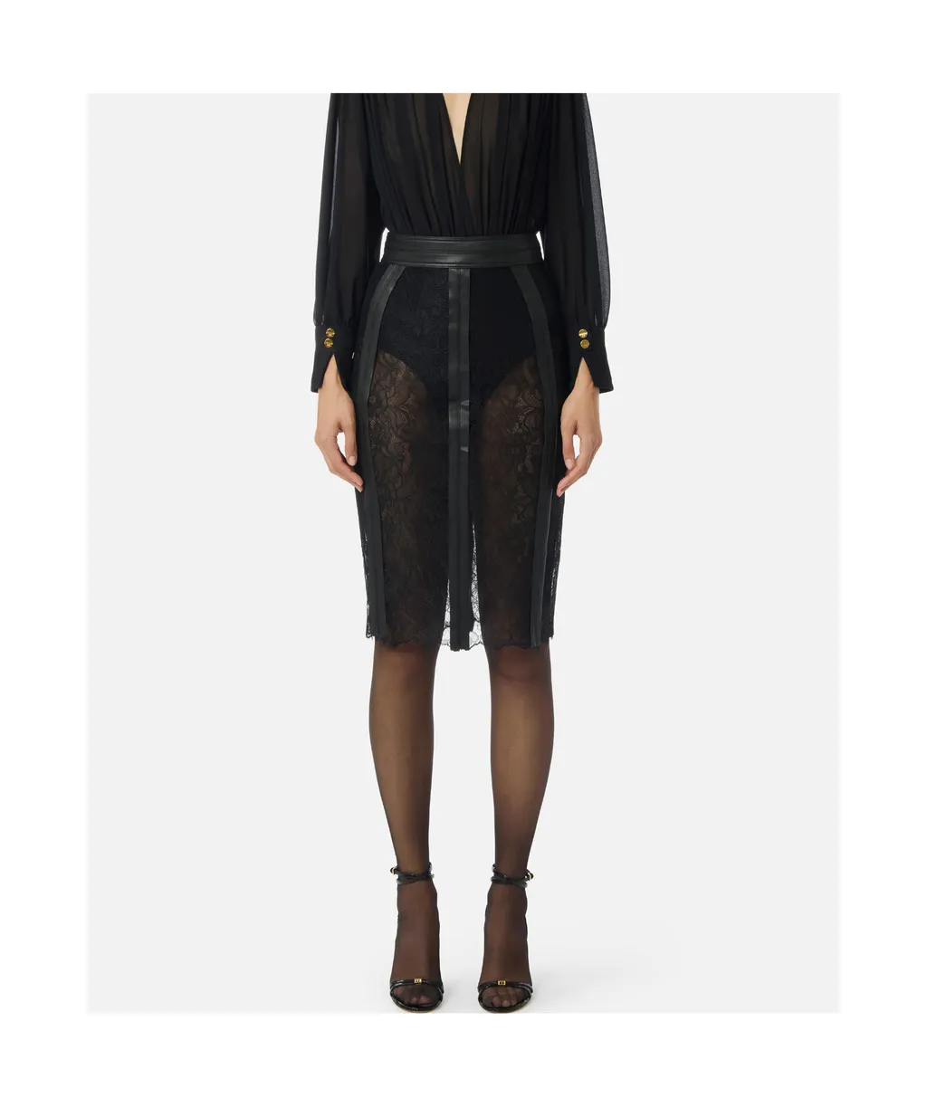 Lace Midi Skirt With Leather Trim