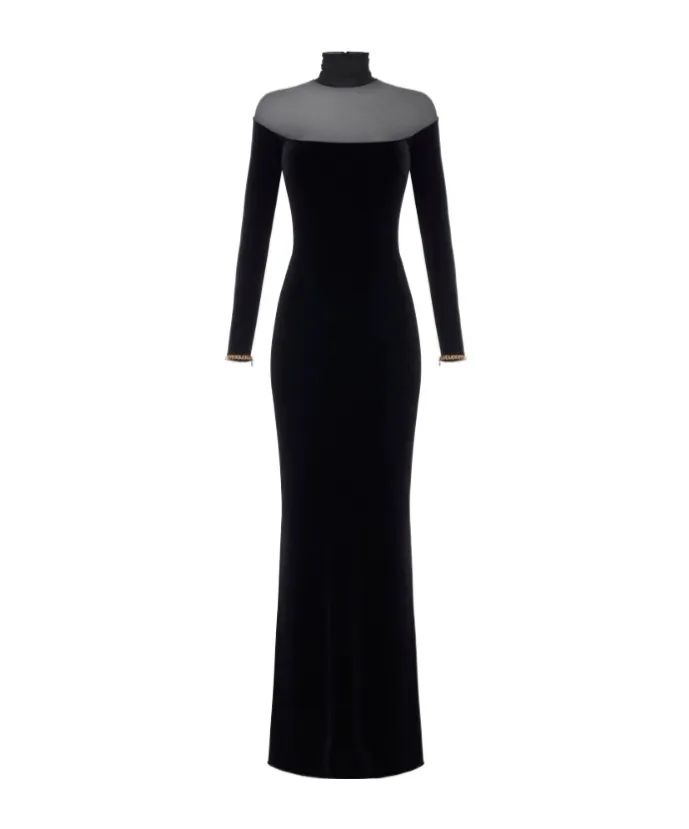 Velvet Mesh-Insert Maxi Dress
