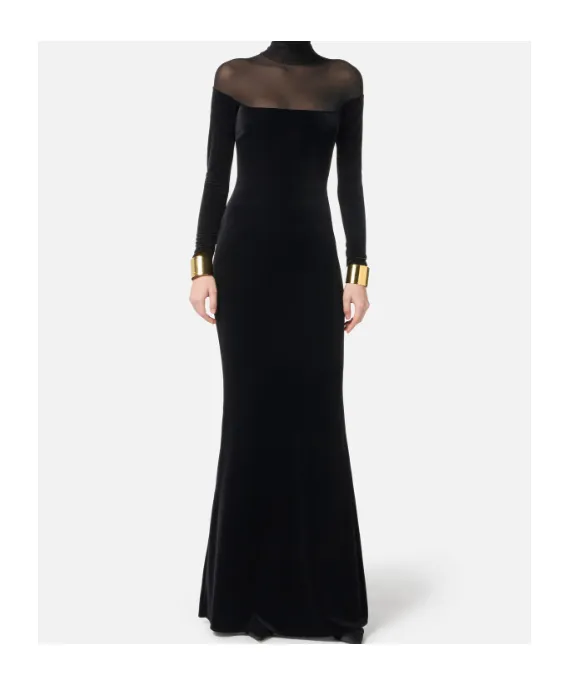 Velvet Mesh-Insert Maxi Dress