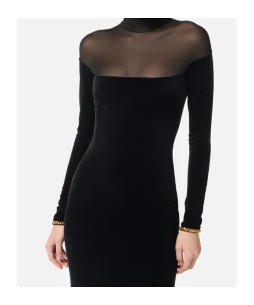 Velvet Mesh-Insert Maxi Dress