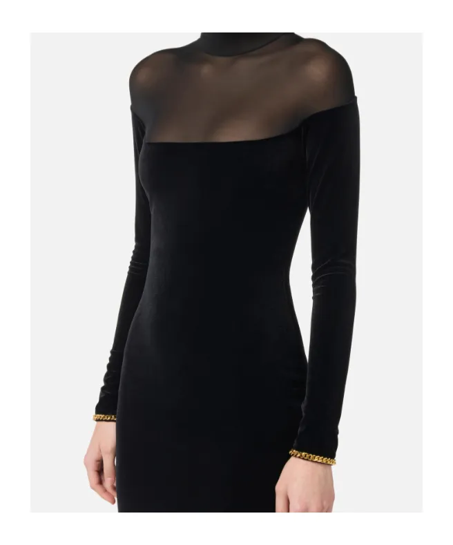 Velvet Mesh-Insert Maxi Dress