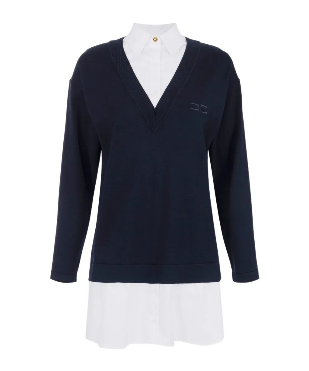 V-Neck Poplin Knit Mini Dress