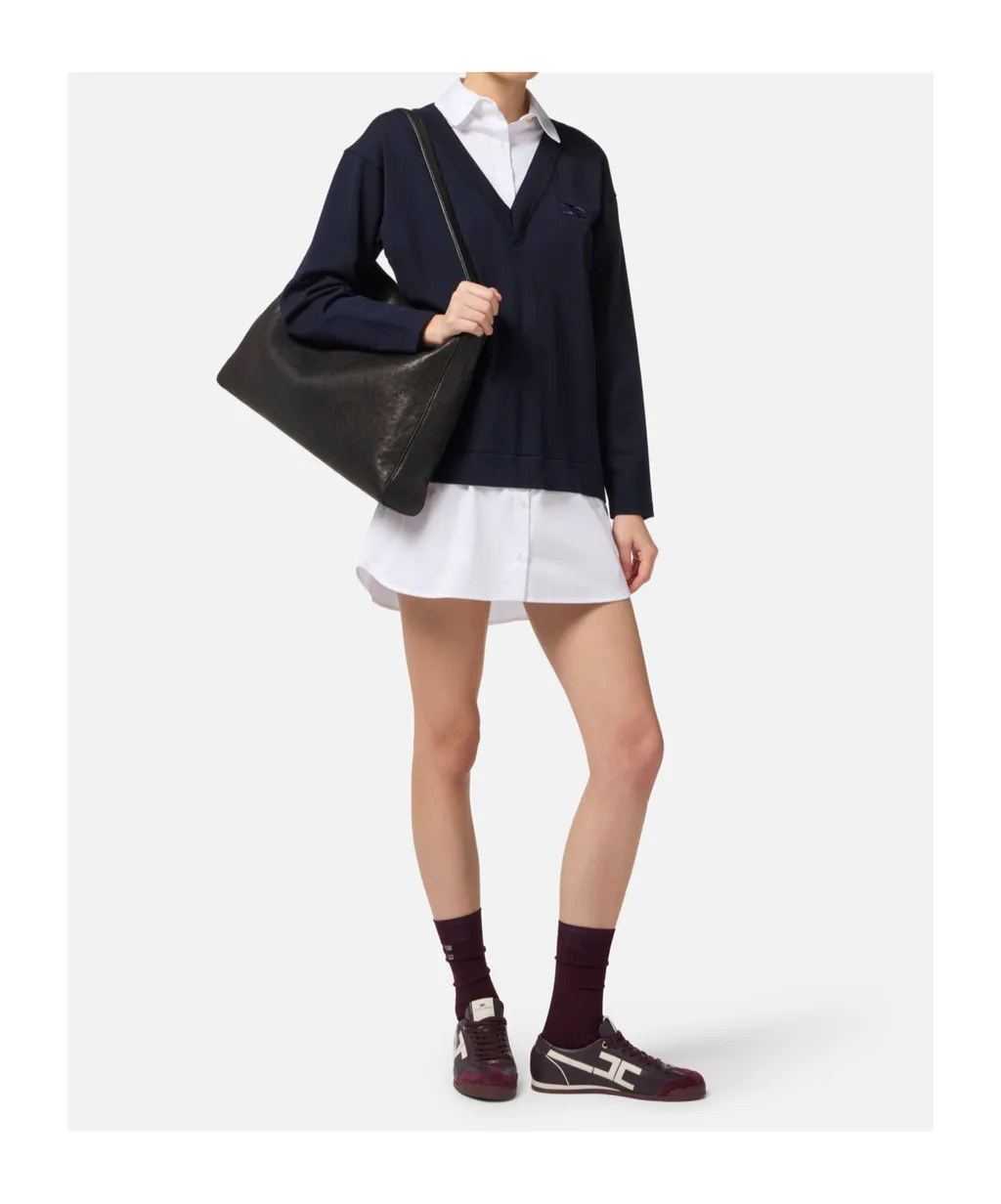 V-Neck Poplin Knit Mini Dress