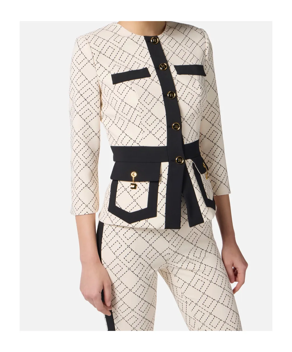 Geometric-Pattern Button Double-Crepe Jacket
