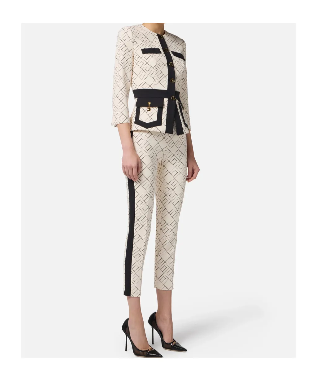 Geometric-Pattern Button Double-Crepe Jacket
