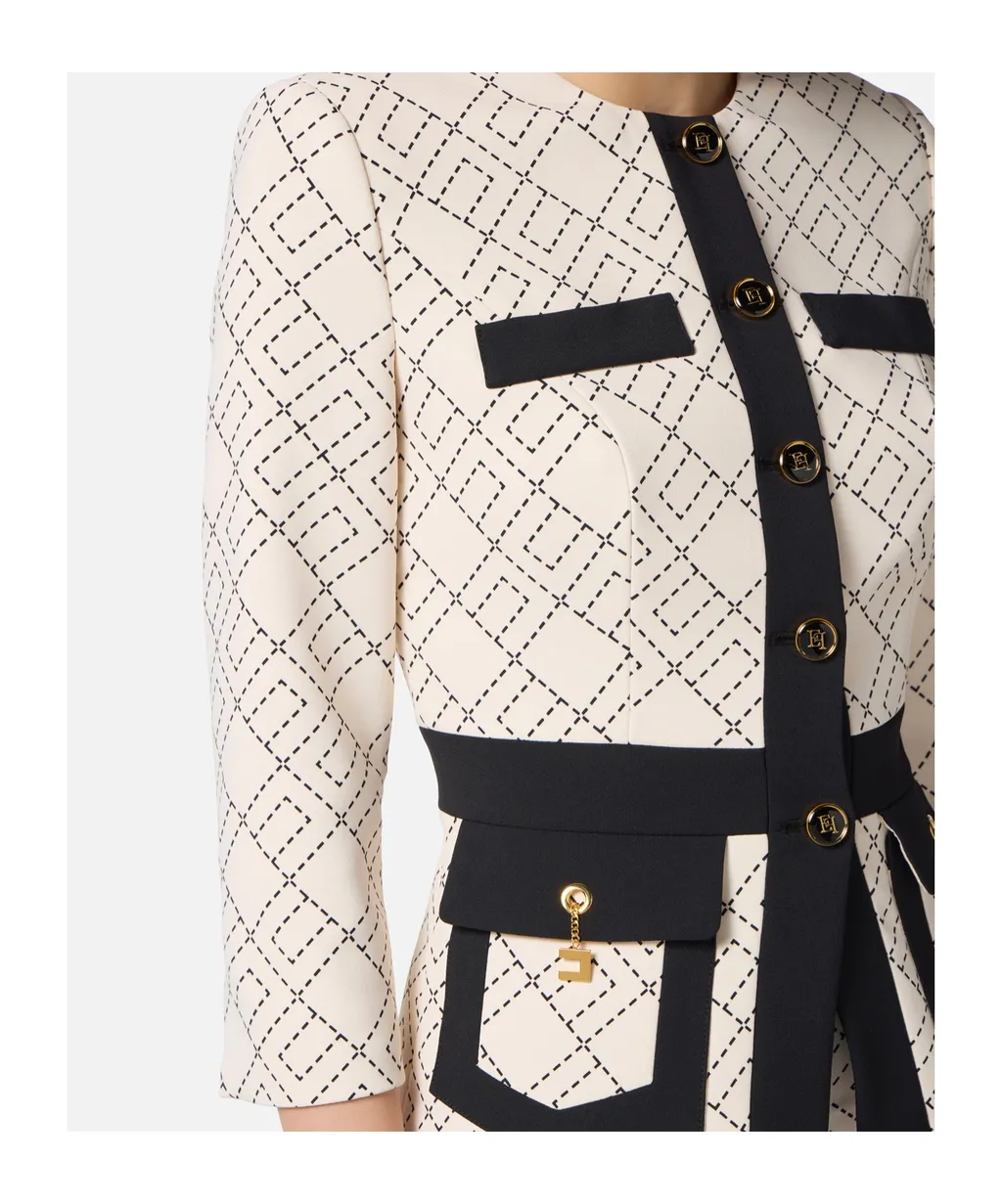 Geometric-Pattern Button Double-Crepe Jacket