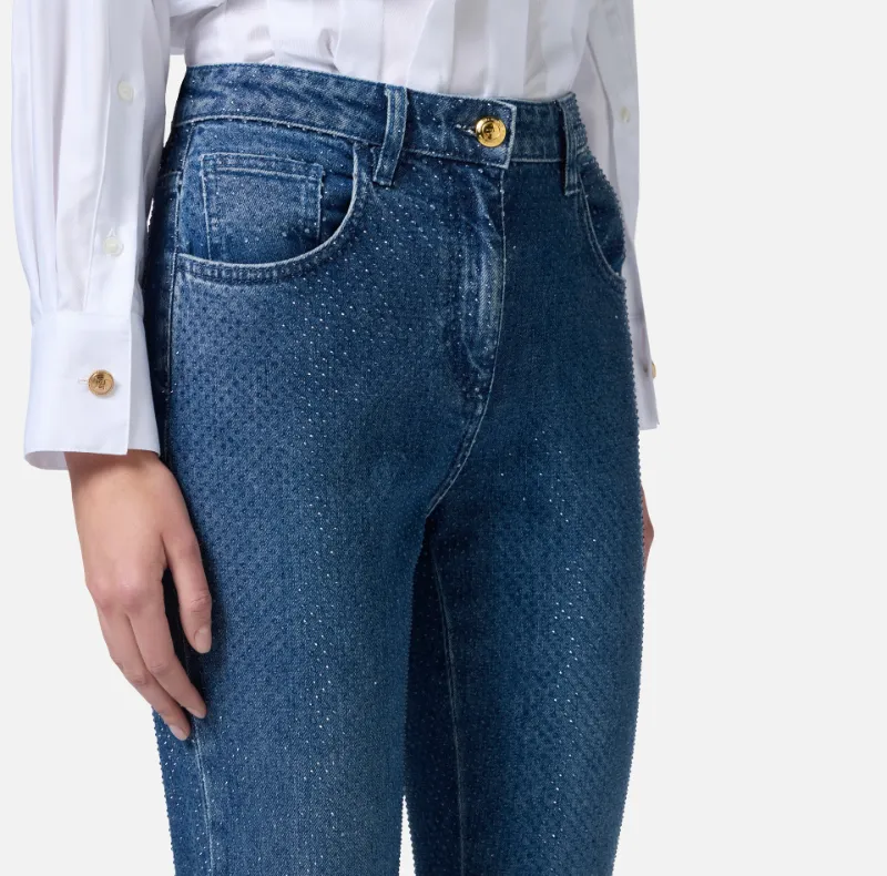 Cotton Denim Trousers With Rhinestones