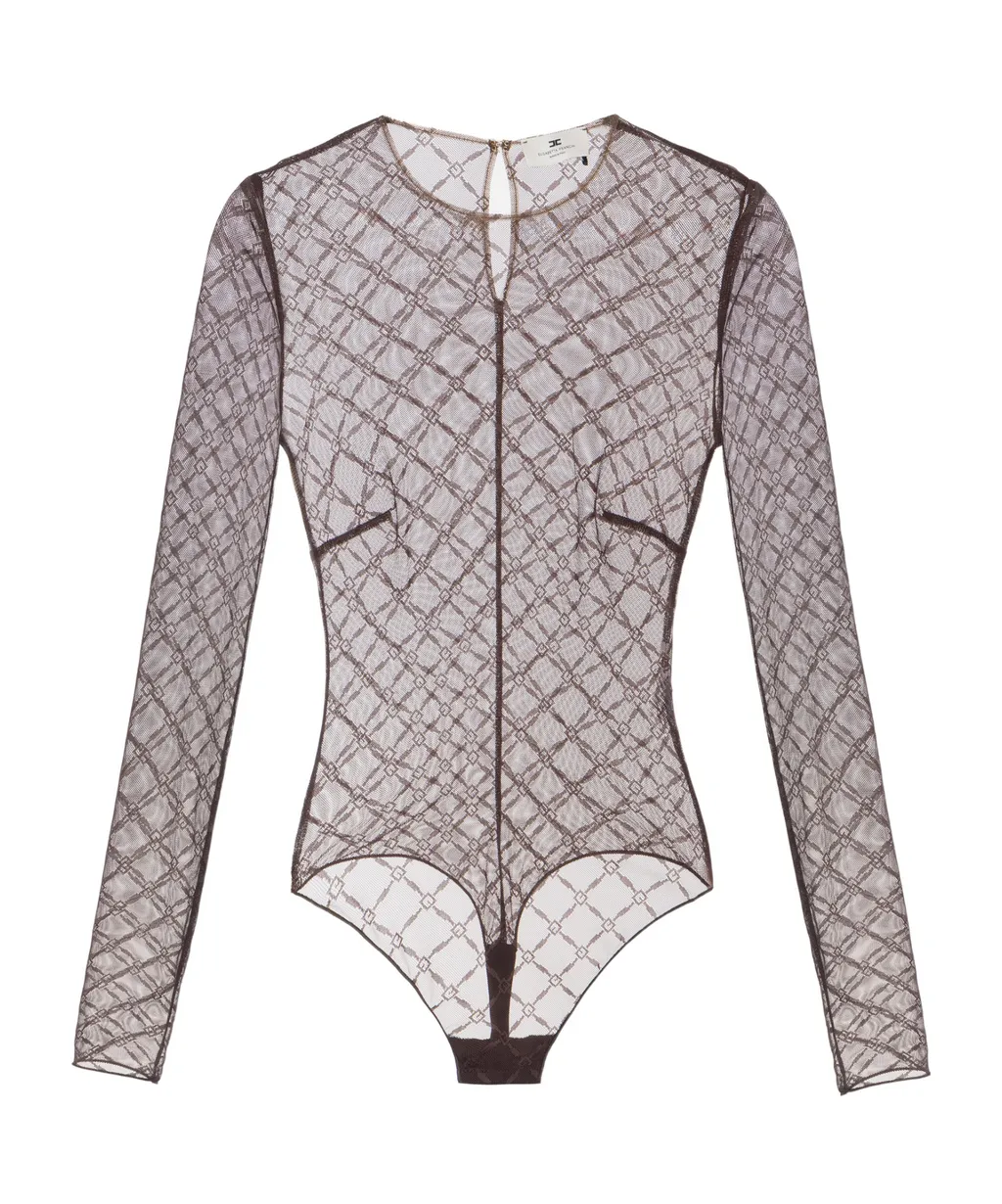 Bodysuit In Jacquard Tulle Fabric With Diamonds