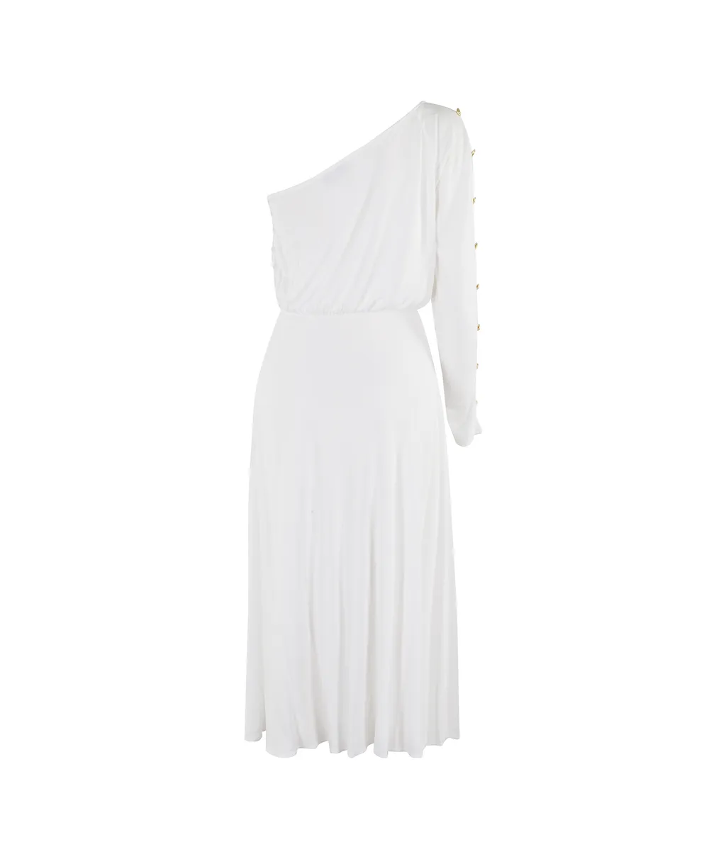 One-Shoulder Dress In Jersey Fabric With Buttons
