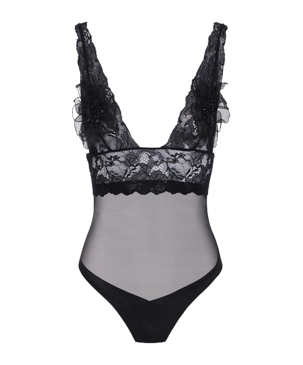 3D-Flower Detailed Tulle Bodysuit
