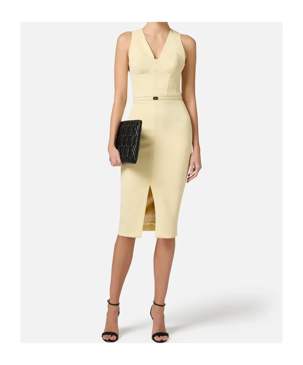 Contrasting Topstitching Crepe Bustier-Style Dress