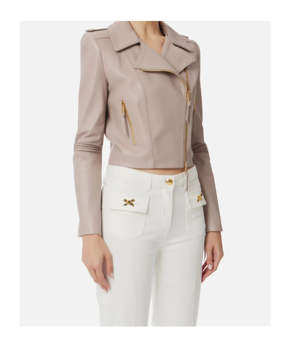 Contrasted Topstitching Biker Jacket