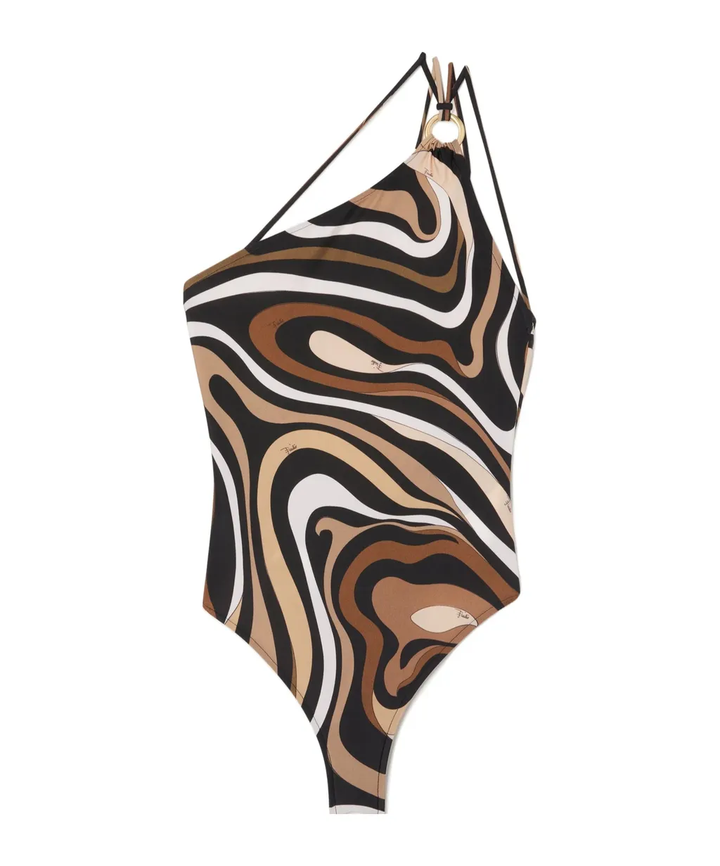 Marmo Print One-Shoulder Swimsuit
