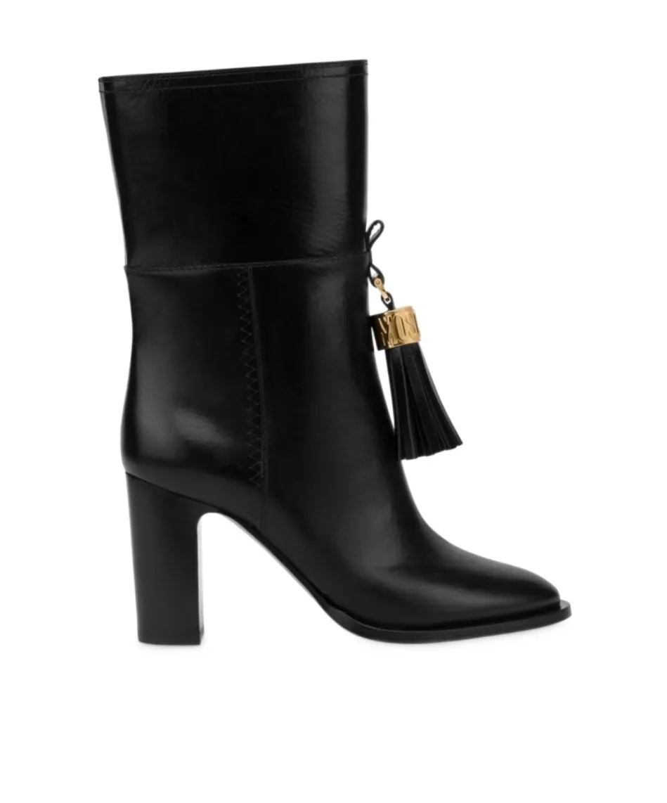 Tassel-Charm Leather Ankle Boots