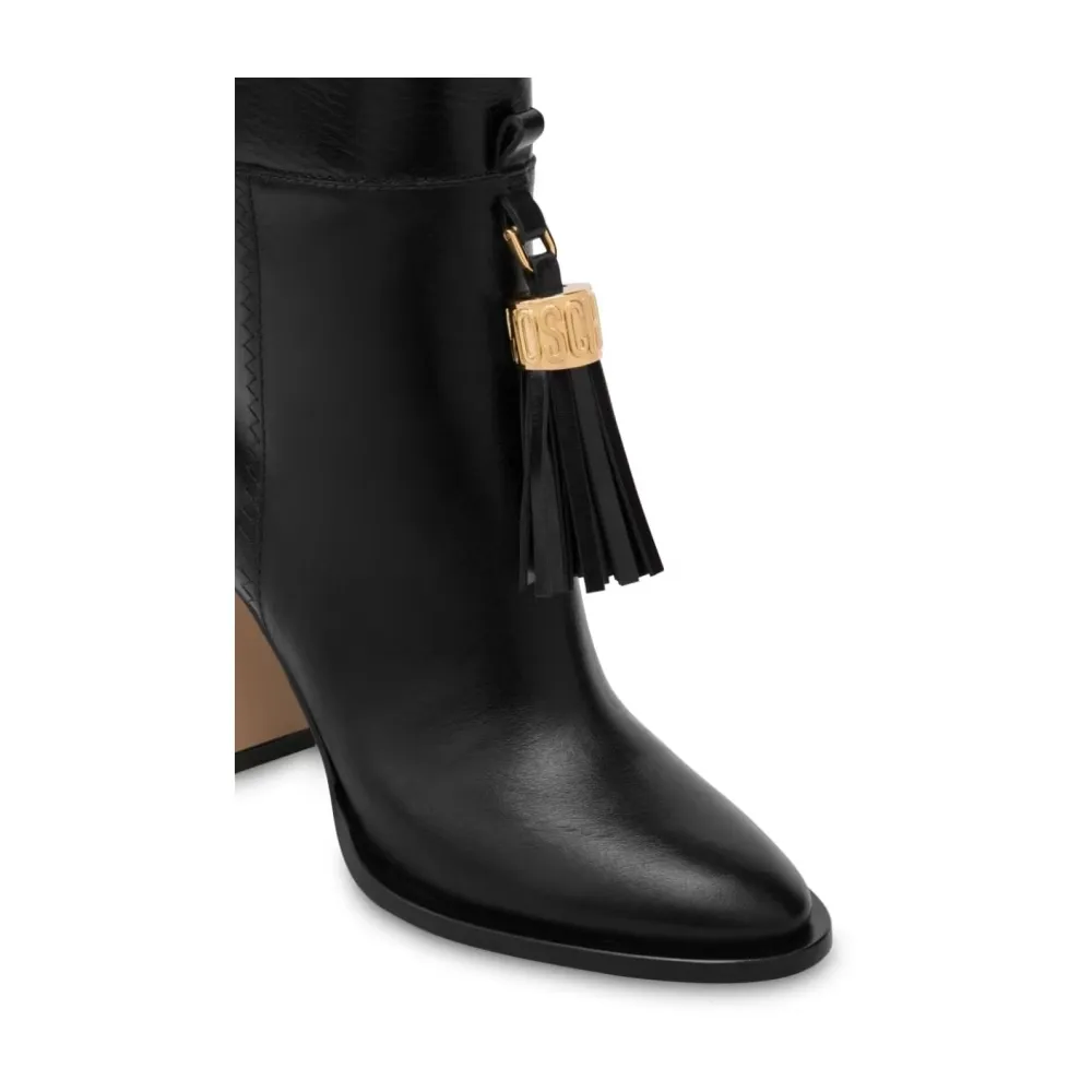 Tassel-Charm Leather Ankle Boots