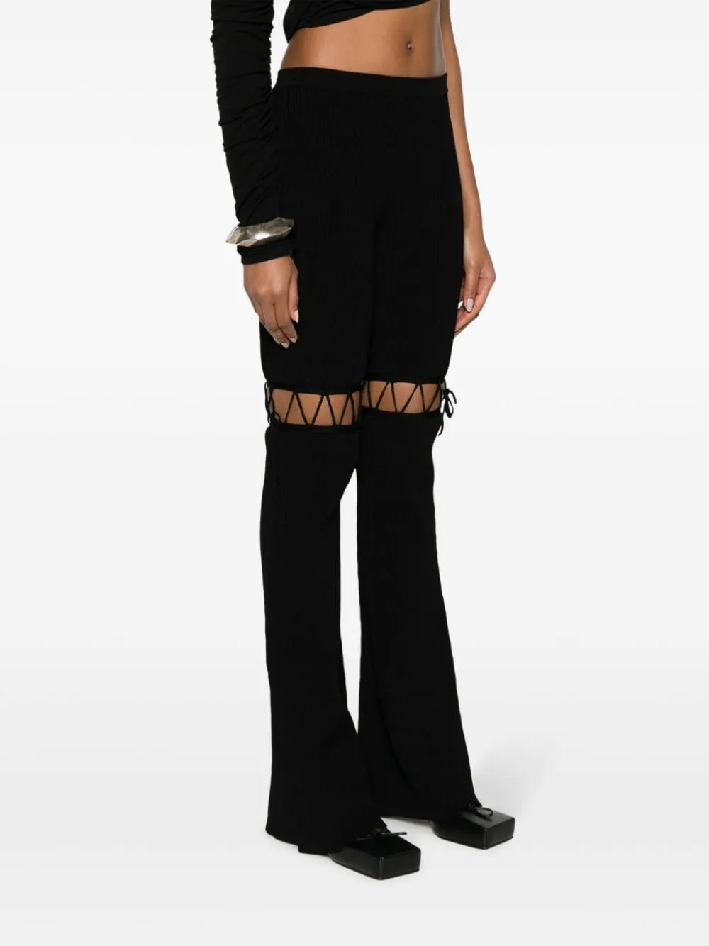 Mid-Rise Lace-Up Ribbed Trousers