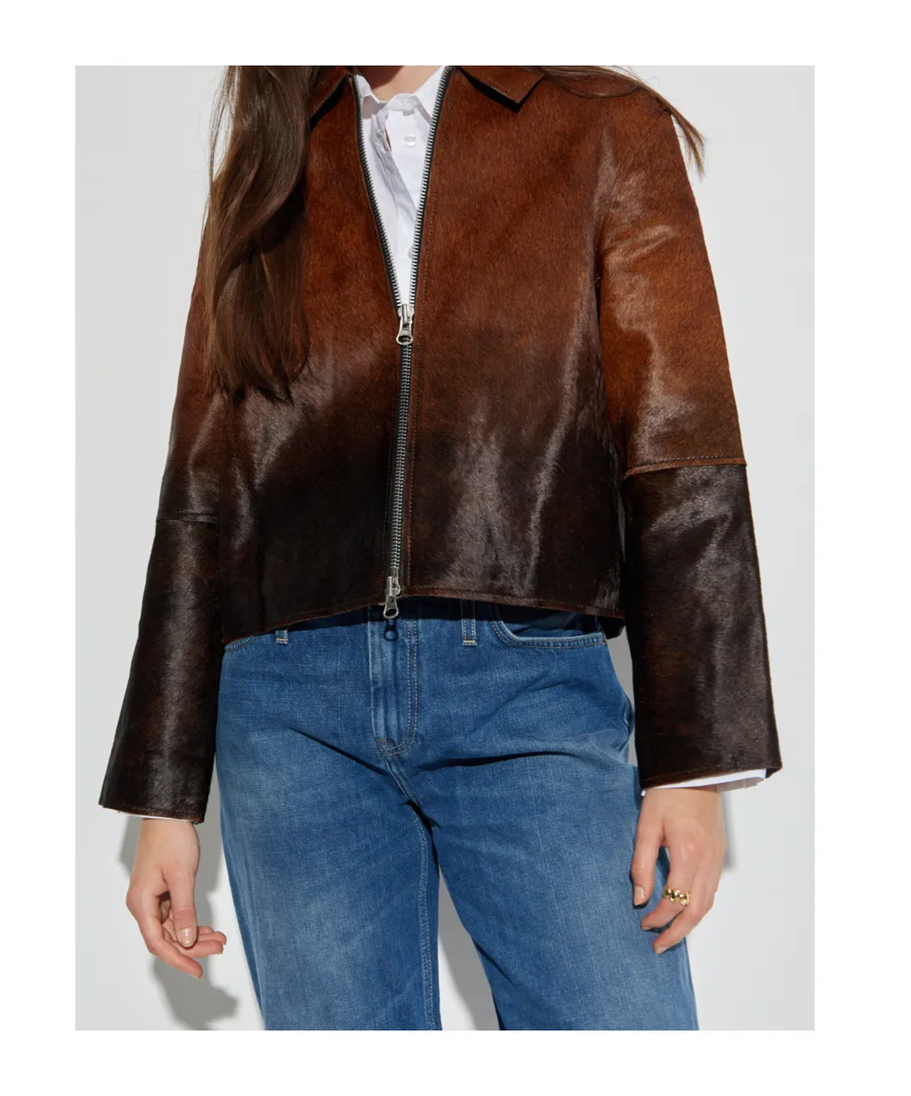 Zippered Long-Sleeved Leather Jacket