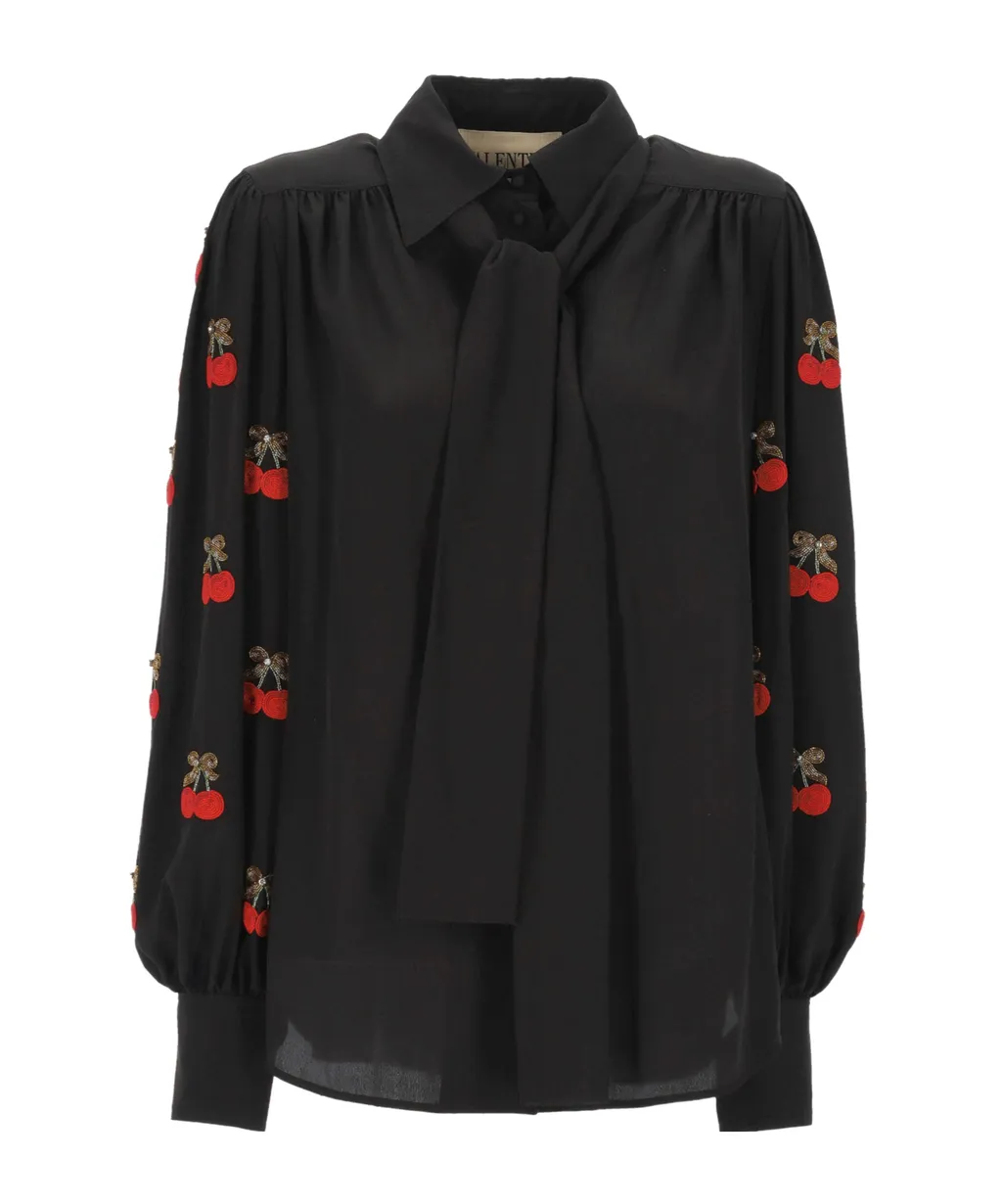Cherry-Embellished Button-Up Blouse