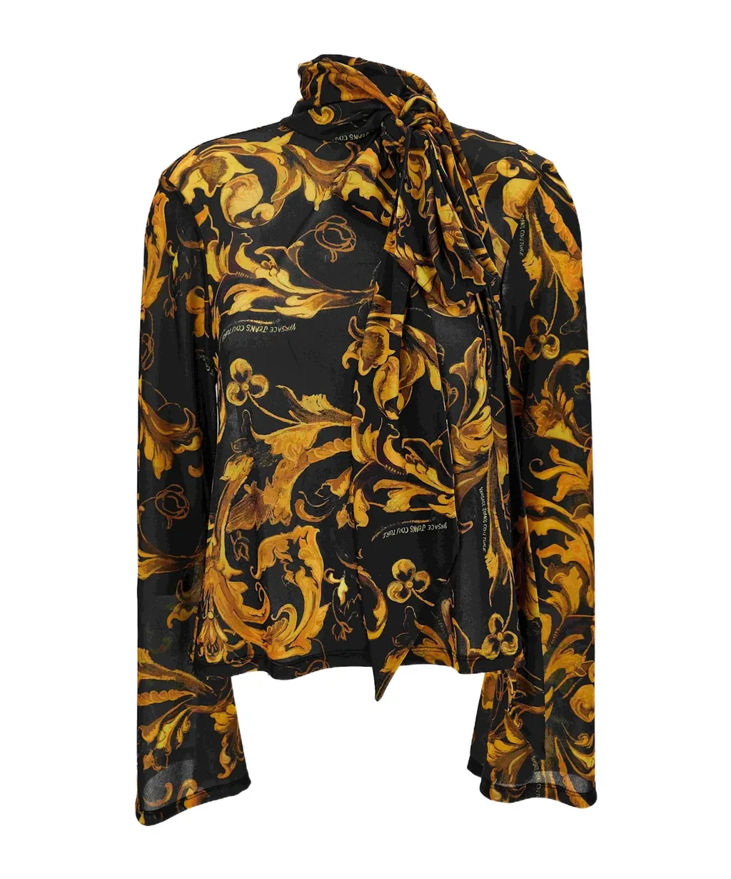 Baroque-Print Tie-Neck Top