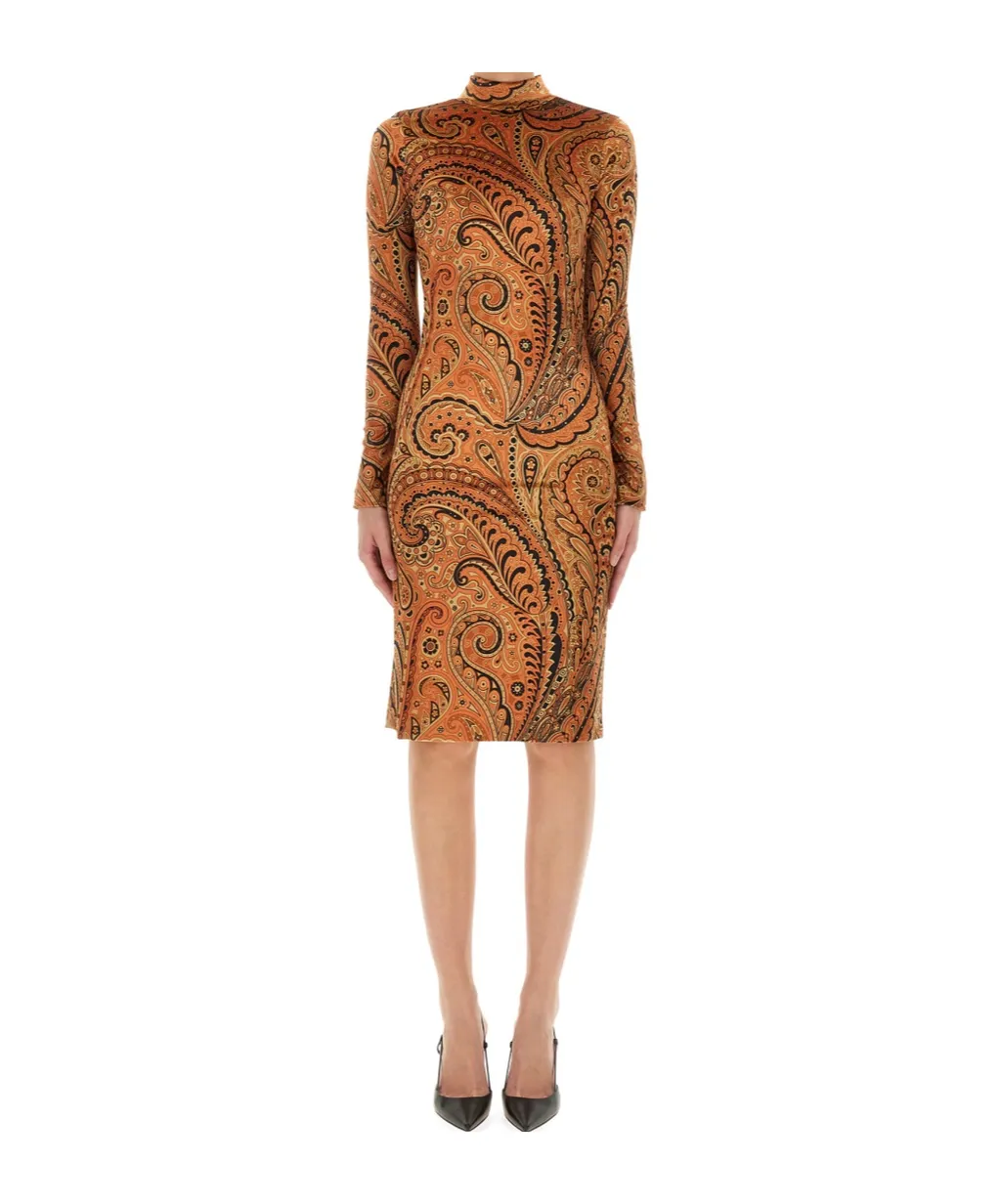 Paisley-Print Mock-Neck Midi Dress