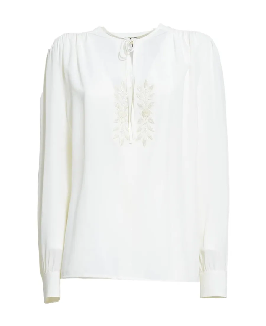 Leaf-Embroidered Keyhole Neck Blouse