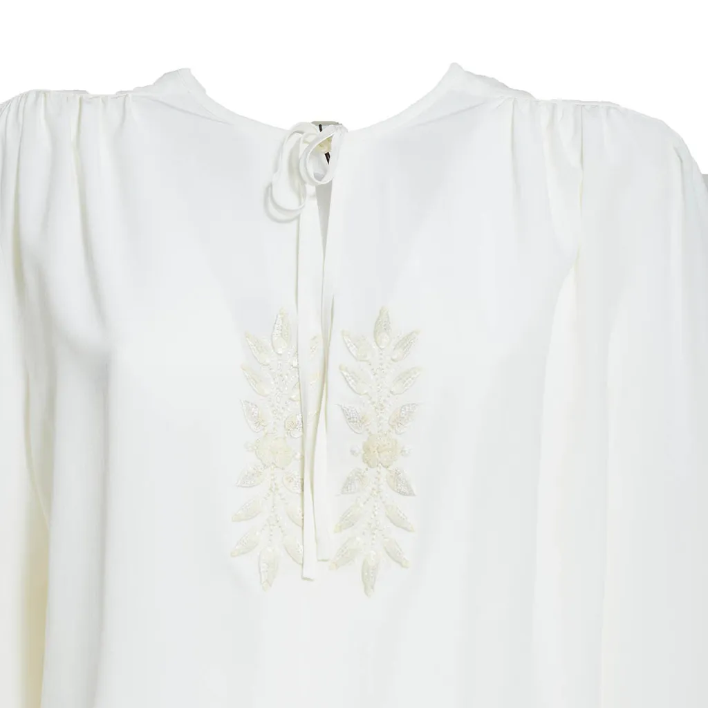 Leaf-Embroidered Keyhole Neck Blouse