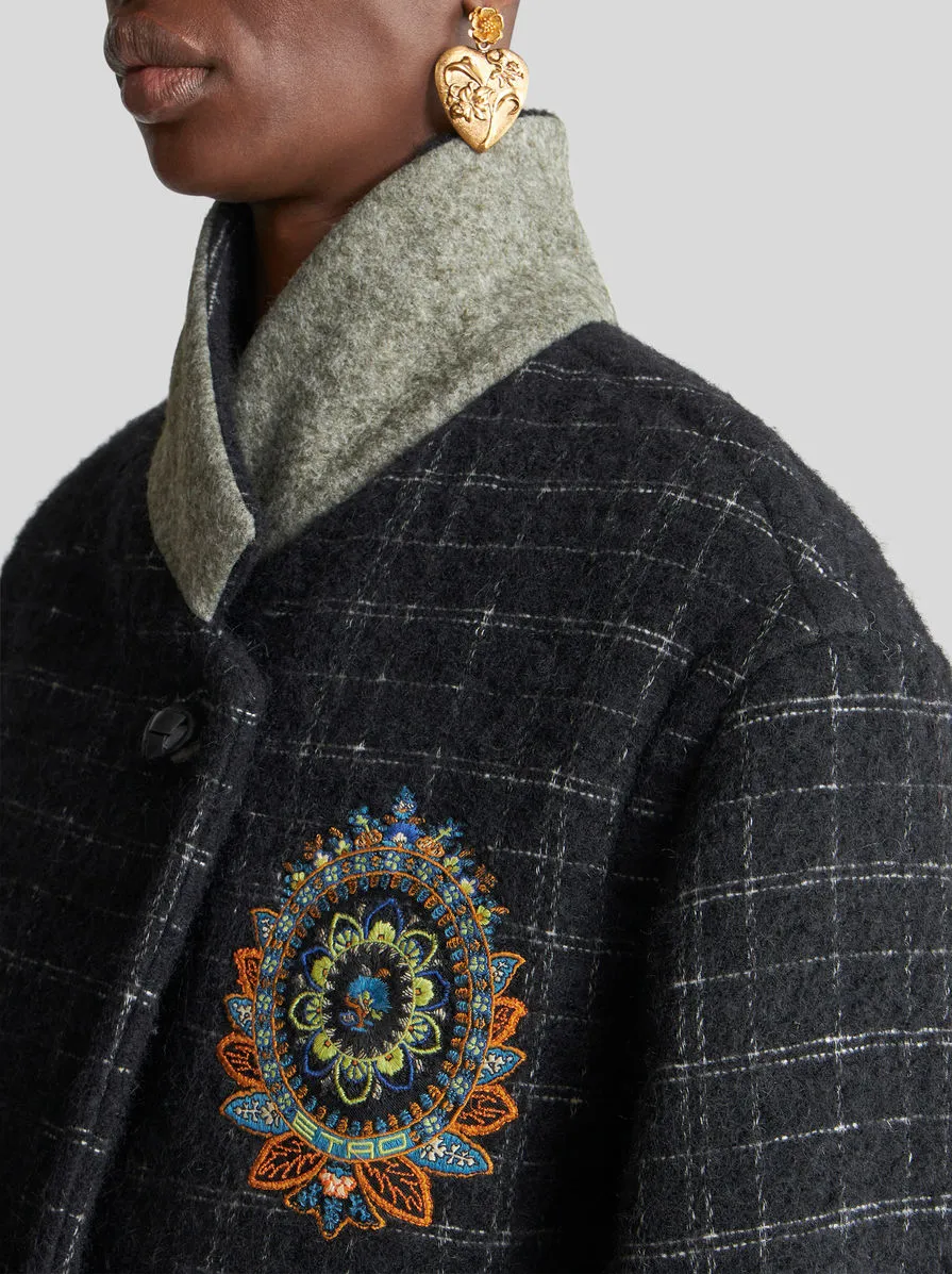 Floral Embroidered Checked Coat