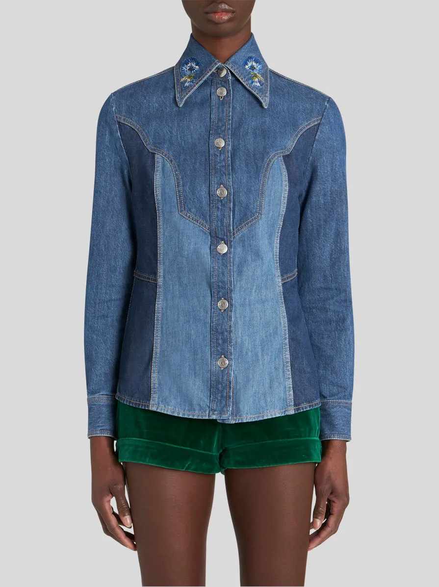 Floral Embroidered Button Up Denim Shirt