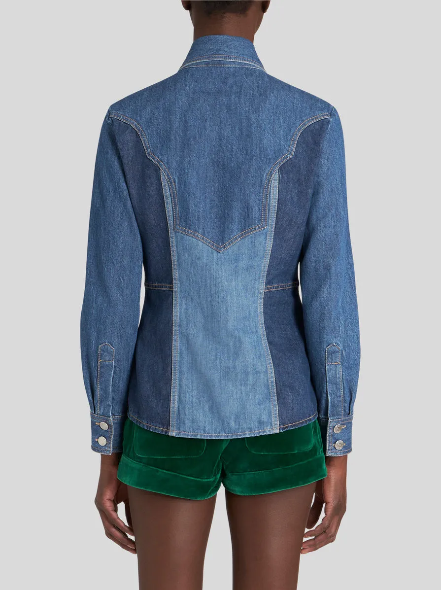Floral Embroidered Button Up Denim Shirt
