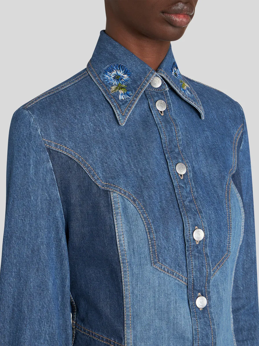 Floral Embroidered Button Up Denim Shirt