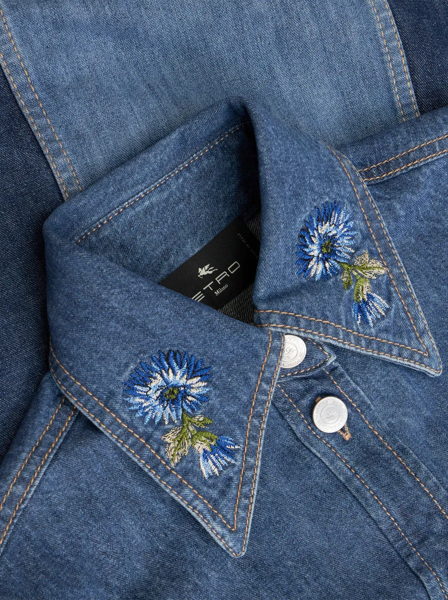Floral Embroidered Button Up Denim Shirt