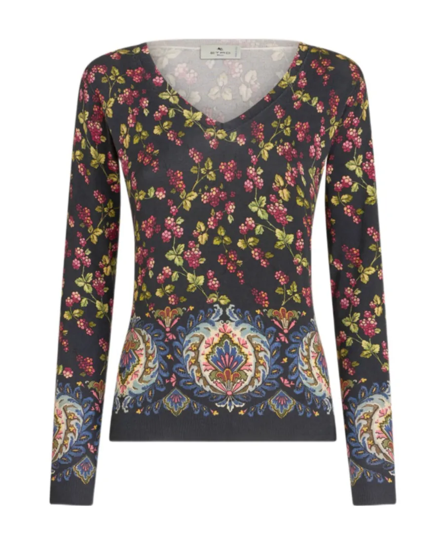 Floral Patterned V-Neck Knitted Top